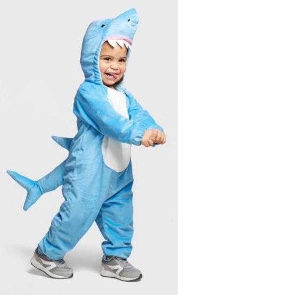Toddler Shark Halloween Costume 18/24 mths 1Pc Blue Plush Hooded Tail Jumpsuit